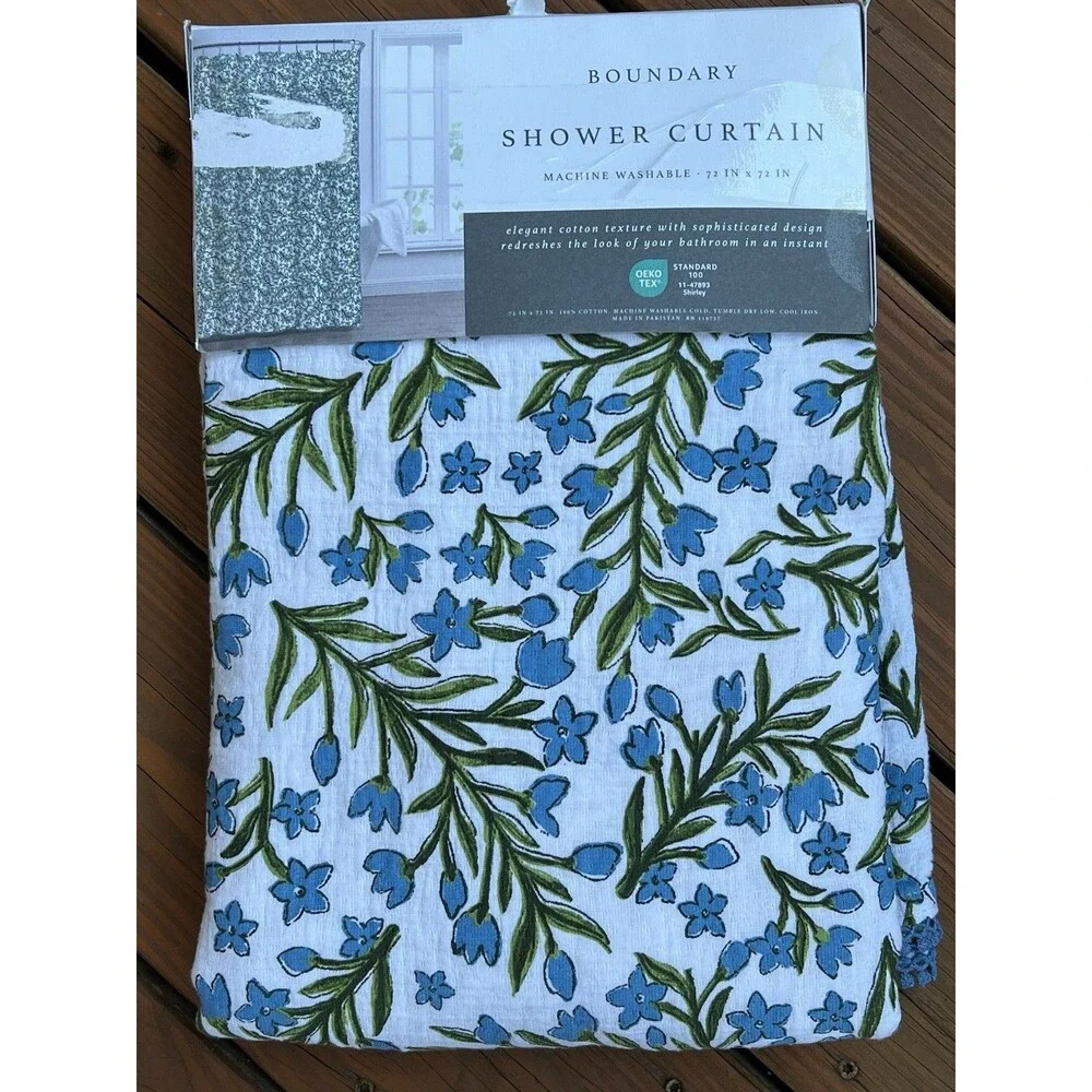 Boundary Shower Curtain Elegant Cotton Texture White Blue Flowers Blue Trim New